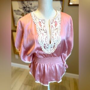 5 for $30 BOUTIQUE FUN & FLIRT Pink Peplum Blouse with Crochet Detail